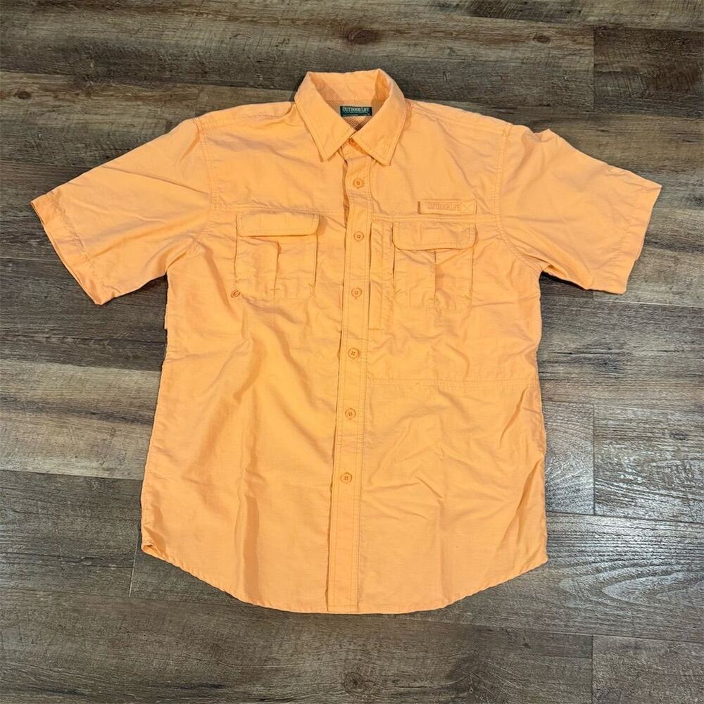 Outdoor Life M Orange Button-Up Fishing Shirt Pockets Vented Hiking Camping Gorp